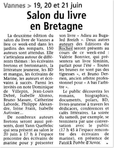 les journaux bretons relatent la présence de Valérie Bonnier  au salon du livre en bretagne